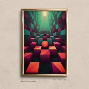 Puede incluir: Una impresión de arte digital de una esfera roja en un pasillo de cubos rojos y verdes. La impresión está enmarcada en oro y tiene el texto "Escher Collection Escher Chessboard #3 © PIXEL MAGICIANS" en la parte inferior.