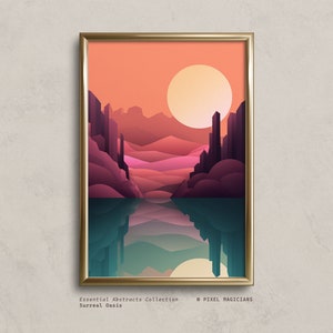 May include: A framed digital art print of a surreal landscape with a sunset sky, mountains, and a lake reflecting the scene. The print is in a gold frame and has the text "Essential Abstracts Collection Surreal Oasis © PIXEL MAGICIANS" at the bottom.