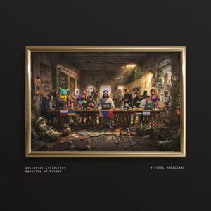 Puede incluir: Una obra de arte enmarcada titulada "Zeitgeist Collection: Apostles of Excess" representa una parodia de La Última Cena con figuras modernas. La imagen presenta un marco dorado sobre un fondo negro. La obra incluye varias referencias a la cultura pop.