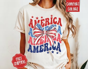 America Bow Shirt Comfort Colors, Coquette USA Shirt for July 4th, Memorial Day Shirt, USA Shirt, Election Shirt, Patriotic Bow Shirt