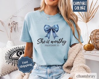 She is Worthy Jean Bow Shirt Comfort Colors, Christian Coquette Tee, Trendy Women's Tshirt, Girly Tee, Coquette Bow Shirt, Gift for Her