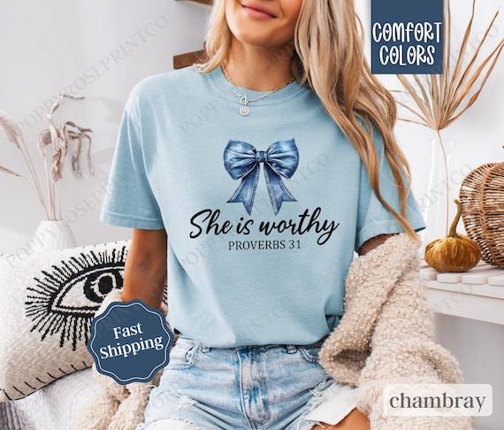 She is Worthy Jean Bow Shirt Comfort Colors, Christian Coquette Tee, Trendy Women's Tshirt, Girly Tee, Coquette Bow Shirt, Gift for Her