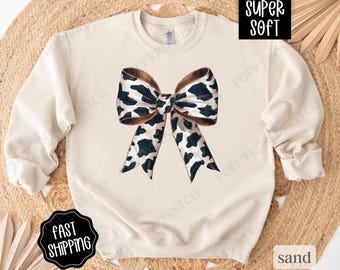 Cow Bow Sweatshirt, Coquette Cow Crewneck, Women's Sweater, Cowgirl Sweatshirt, Cute Western Sweater, Girly Western Sweatshirt, Gift for Her