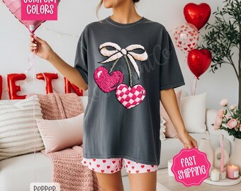 Faux Patchwork Heart Cherries Shirt Comfort Colors, Trendy Valentine's Day Women's Tee, Holiday Women's Tshirt, Coquette Cherry Shirt