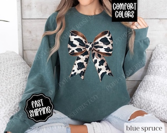 Cow Bow Sweatshirt Comfort Colors, Coquette Cow Crewneck, Women's Sweater, Cute Western Sweatshirt, Girly Cow Sweater, Gift for Her