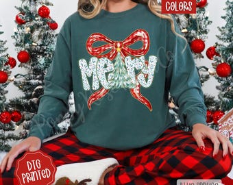 Coquette Merry Comfort Colors Long Sleeve, Women's Christmas Tree Shirt, Christmas Girly Gift, Christmas Bow Tee, Trendy Xmas Holiday TShirt