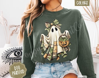 Camo Ghost Long Sleeve TShirt, Trendy Women's Halloween Tee, Spooky Season Shirt, Fall Vibes, Cute Ghost Shirt, Camouflage Ghost Tee