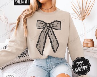 Black Lace Bow Sweatshirt, Women's Crewneck, Cute Black Bow Women's Sweater, Girly Coquette Bow Sweatshirt, Trendy Bow Sweater, Gift for Her