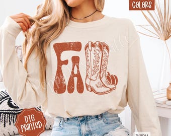 Fall Boots Comfort Colors Long Sleeve T-Shirt, Cute Women's Autumn Tee, Western Cowgirl Boots Shirt, Fall Season Tee, Retro Pumpkin Shirt