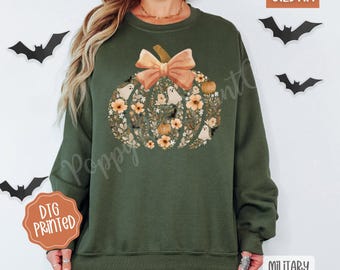 pull floral citrouille d'automne vintage, pull floral citrouille d'automne, chemise coquette fantôme d'Halloween, t-shirt girly avec noeud d'Halloween t-shirt effrayant