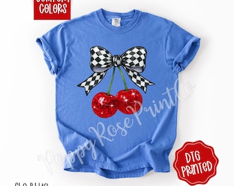 Checked Disco Cherry Shirt Comfort Colors, Cute Coquette Bow Tshirt, Retro Cherry Bow Tee, Trendy Women's Tee, Summer Shirt, Gift for Her