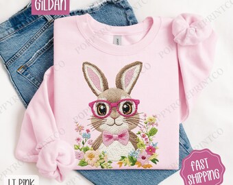 Faux Embroidered Bunny Print Sweatshirt, Easter Crewneck, Cute Women's Sweater, Spring Bunny Sweatshirt, Floral Bunny Sweater, Gift for Her