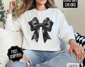 Coquette Black Bow Comfort Colors Sweatshirt, Cute Bow Women's Crewneck, Trendy Coquette Women's Sweater, Girly Coquette, Gift for Her