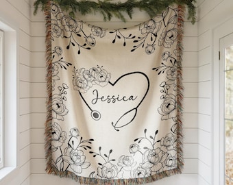 Custom Floral Nurse Woven Blanket, Personalized Nurse Blanket, Custom Throw Blanket, Gift for Nurse Graduation, RN LPN CNA Gifts