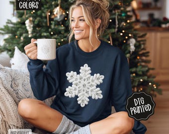 Faux Knit Snowflake Comfort Colors Long Sleeve T-Shirt, Cute Women's Winter Tee, Cute Snowflake Winter Shirt, Sweater Weather, Gift for Her