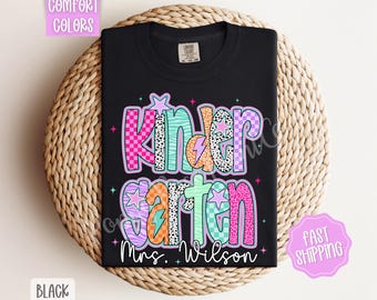 Comfort Colors® Custom Kindergarten Teacher Shirt, Personalized Preppy Teacher Tee, Cute Teacher Team TShirt, Kindergarten Teacher Shirt