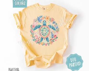 Turtle Comfort Colors Shirt, Cute Beach Tshirt, Trendy Summer Floral Tee, Oversized Beach Tee, Earth Day Shirt, Women's Tee, Gift for Her