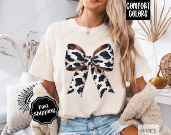 Cow Bow Shirt, Coquette Cow Tee, Trendy Women's Tshirt, Girly Western Tee, Western Coquette Tshirt, Cute Cowgirl Shirt, Gift for Her