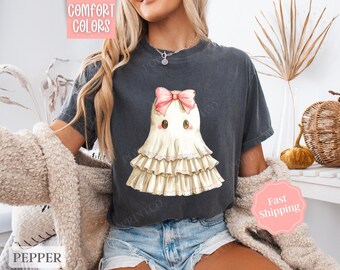 Bonita camiseta de fantasmas con colores cómodos, camiseta coqueta de Halloween, camiseta October Vibes para mujer, camiseta de cuello redondo de gran tamaño, camiseta de temporada espeluznante