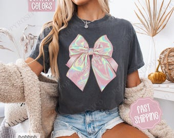 Iridescent Coquette Bow Comfort Colors, Bow Women's Tee, Cute Women's Tshirt, Pink Bow Sweatshirt, Trendy Coquette Bow Tee, Gift for Her