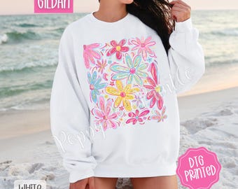 Summer Boho Floral Sweatshirt, Cute Flower Sweater, Trendy Women's Crewneck, Faux Glitter Flower Sweatshirt, Gift for Her