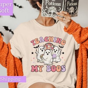 Teacher Halloween Shirts, Teaching My Boos, Spooky Teacher Shirts, Retro Halloween Teacher, Kindergarten Teacher Tee, Elementary Teacher