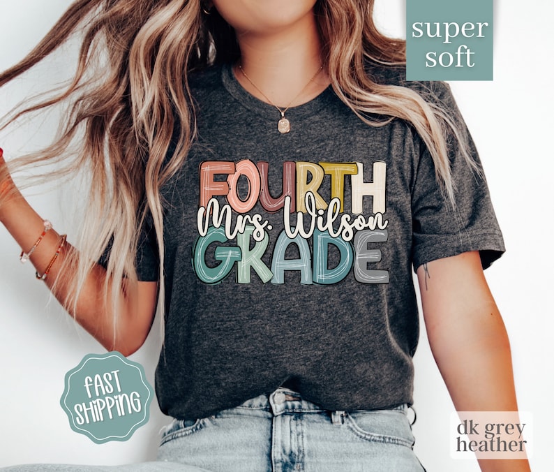 May include: Dark heather grey t-shirt with the text "FOURTH Mrs. Wilson GRADE" in colorful, outlined letters.