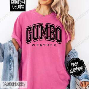 May include: A pink t-shirt with black text that reads "GUMBO WEATHER".