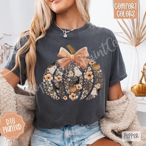 Comfort Colors® Vintage Floral Pumpkin Shirt, Floral Pumpkin Fall Shirt, Coquette Halloween Ghost Shirt, Girly Halloween Bow Tee Spooky Tee