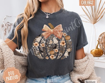 Comfort Colors® Vintage Floral Pumpkin Shirt, Floral Pumpkin Fall Shirt, Coquette Halloween Ghost Shirt, Girly Halloween Bow Tee Spooky Tee