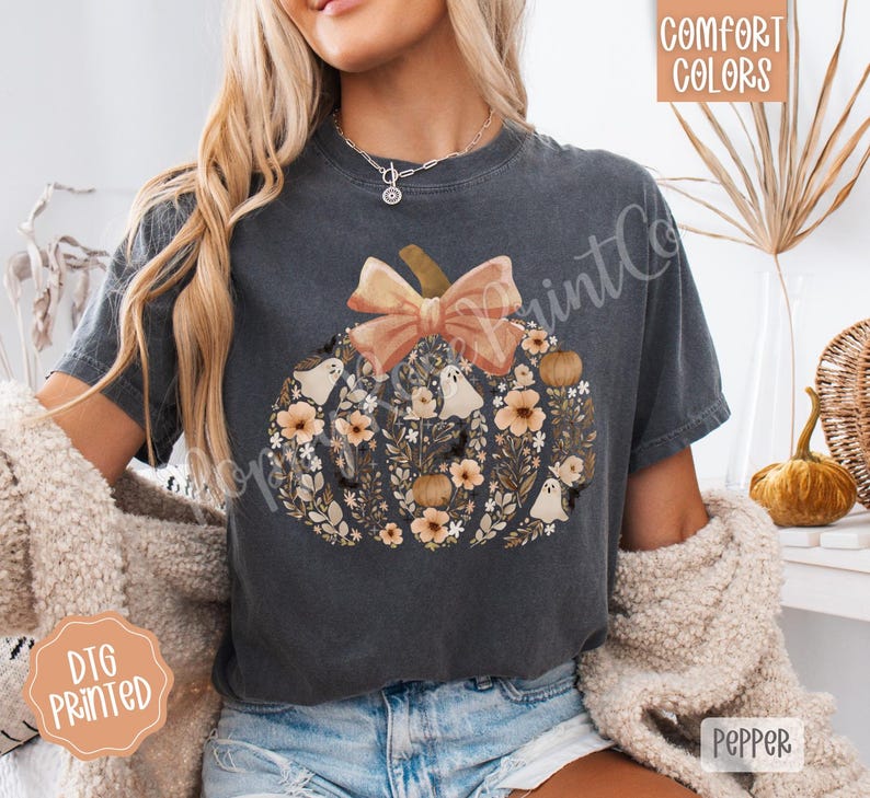 Comfort Colors® Vintage Floral Pumpkin Shirt, Floral Pumpkin Fall Shirt, Coquette Halloween Ghost Shirt, Girly Halloween Bow Tee Spooky Tee