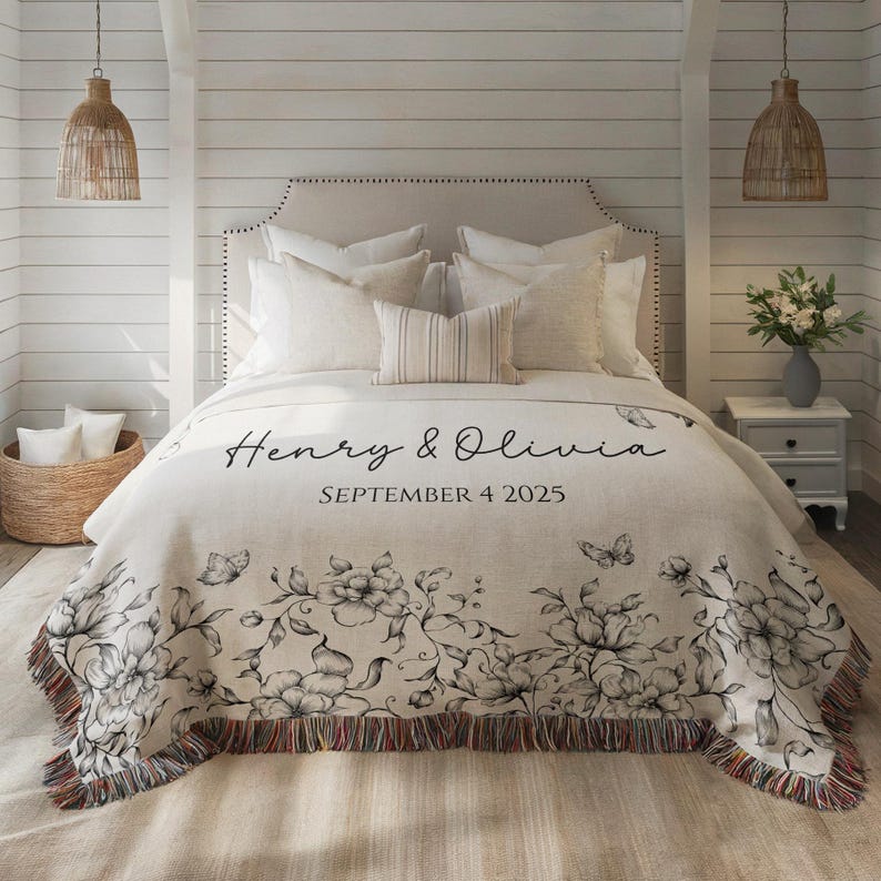 Personalized Wedding Blanket with Names & Date, Anniversary Engagement Throw, Custom Couple Gift, Bridal Shower or Bachelorette Present