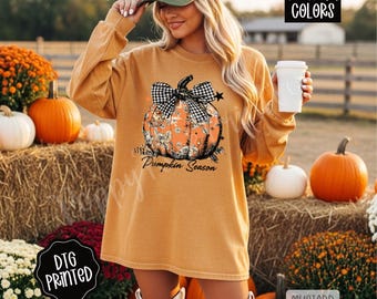 Comfort Colors® Pumpkin Season Long Sleeve Shirt, Trendy Autumn Fall Tee, Cute Thanksgiving Bow T-Shirt, Coquette Fall Pumpkin Shirt