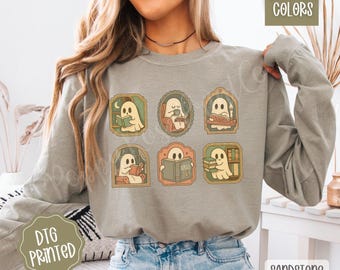 Retro Ghost Reading Books Long Sleeve Tee, Librarian Ghost Halloween, Halloween Teacher TShirt, Halloween Shirt, Teacher Gift, Boo School