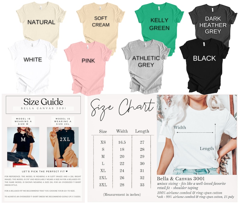May include: Size chart for Bella + Canvas 3001 unisex t-shirts. The chart shows width and length measurements in inches for sizes XS to 3XL. The chart also includes a size guide with two models wearing a size M and a size 2XL t-shirt.