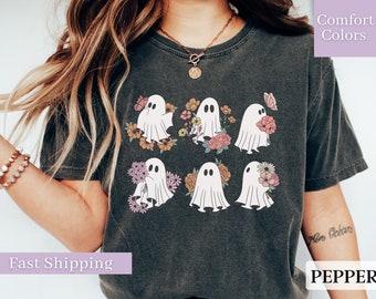 Linda camisa fantasma de Halloween, camisa de Halloween de colores cómodos, camiseta floral fantasma para la camisa de mujer de Halloween con camiseta floral fantasma de Halloween