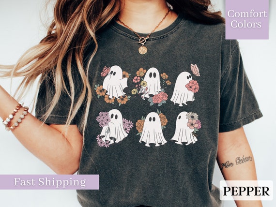 Cute Ghost Halloween Shirt, Comfort Colors Halloween Shirt, Ghost Floral Tshirt for Halloween Women's Shirt with Ghost Floral Halloween Tee