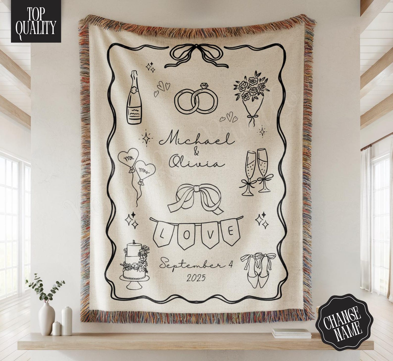 Custom Wedding Blanket Gift, Personalized Wedding Anniversary Throw Blanket Gift, Doodle Woven Blanket ,Gift for newlywed, Valentines Gift - 60" × 50"