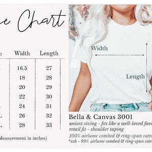 May include: Size chart for a Bella + Canvas 3001 unisex t-shirt. The chart shows the width and length measurements in inches for sizes XS to 3XL. The text states that the shirt fits like a well-loved favorite, with a retail fit and shoulder taping. The fabric is 100% airlume combed and ring-spun cotton, except for the ash color, which is 99% airlume combed and ring-spun cotton and 1% polyester.