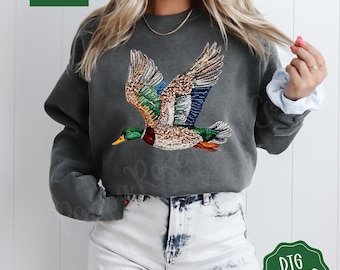 Faux Rhinestone Mallard Duck Comfort Colors Sweatshirt, Trendy Womens Crewneck, Hunting Lover Sweater, Duck Hunting Sweatshirt, Hunting Gift