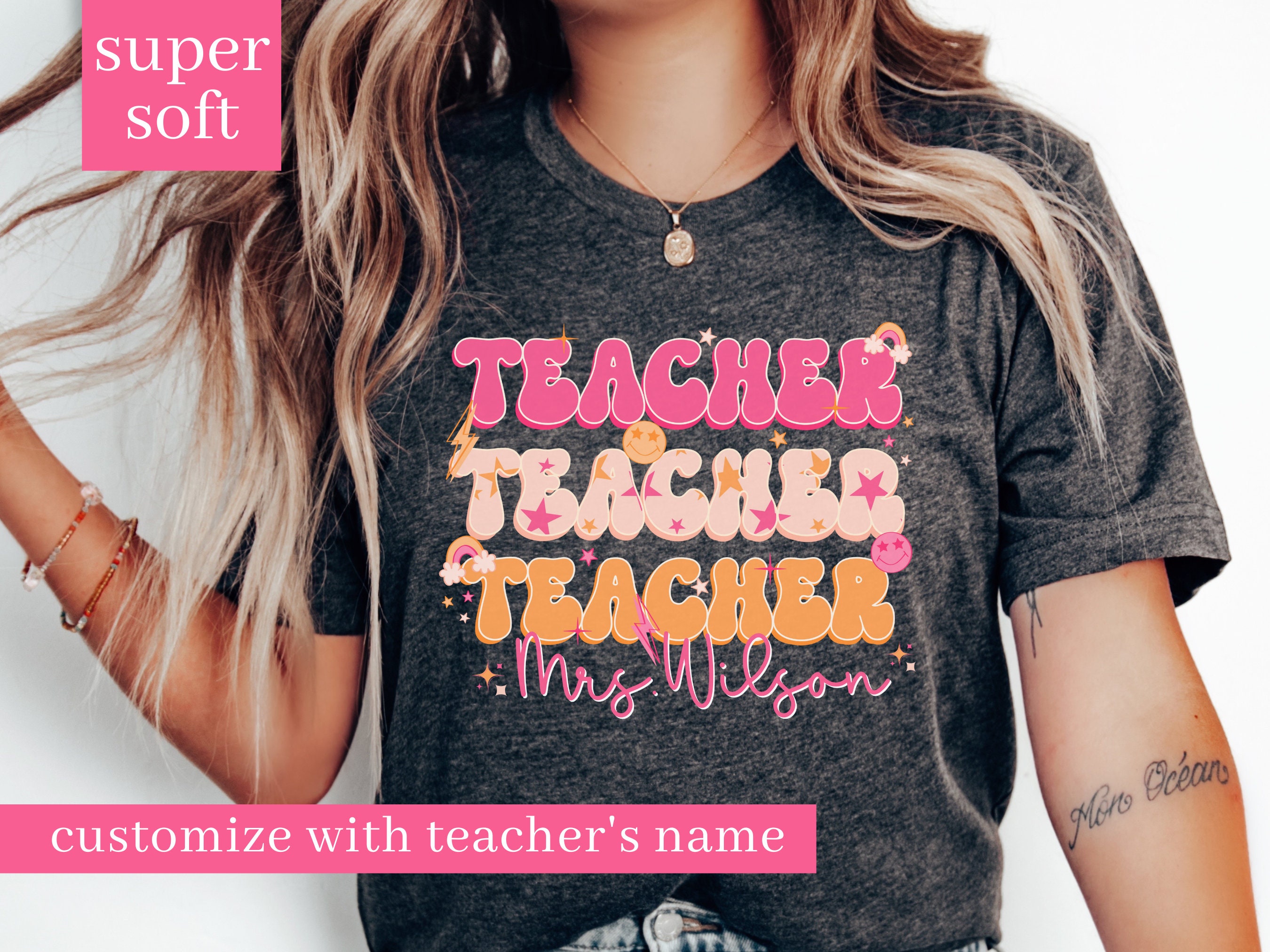 Discover Retro Teacher Shirt with Name, Custom Teacher Shirt For Teacher Appreciation Gift For Teacher