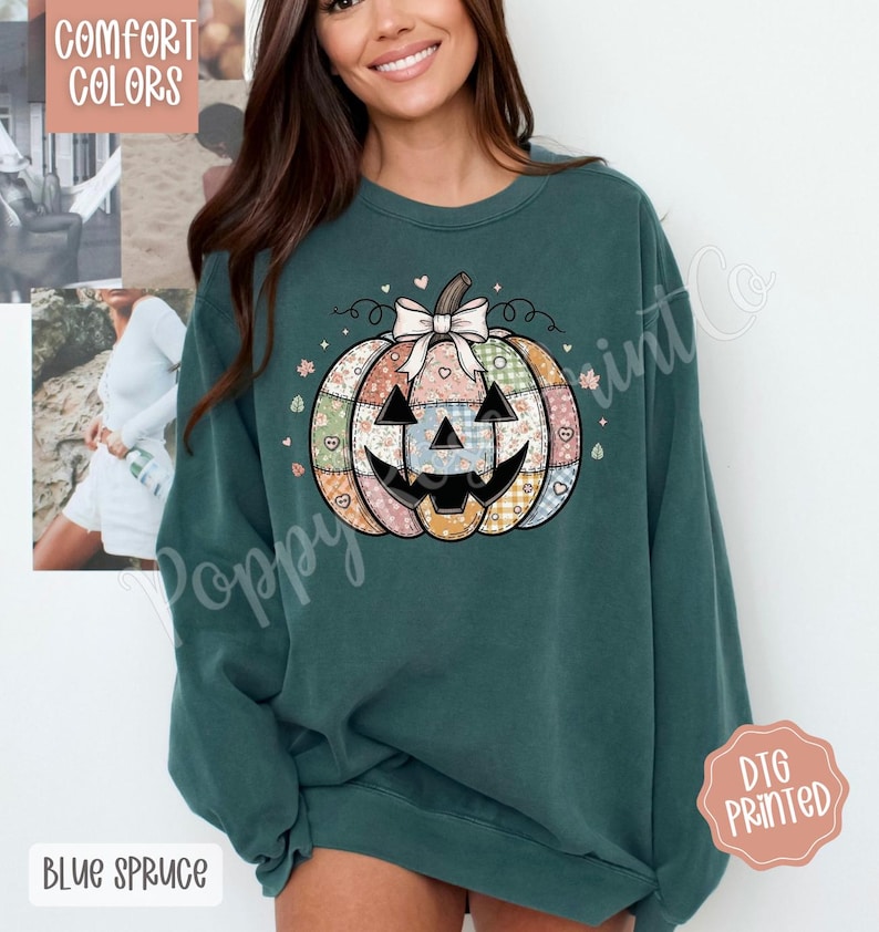 Patchwork Pumpkin Comfort Colors Sweatshirt, Trendy Crewneck, Quilted Pumpkin Sweater, Coquette Pumpkin Sweatshirt, Jack O Lantern Sweater bild 9