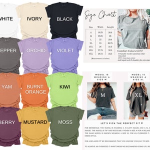 May include: A size chart for t-shirts with different color options. The chart shows the width and length measurements in inches for sizes S through 4XL. The model is wearing a size M and a size XL t-shirt. The text "Comfort Colors C1717" is visible in the image.