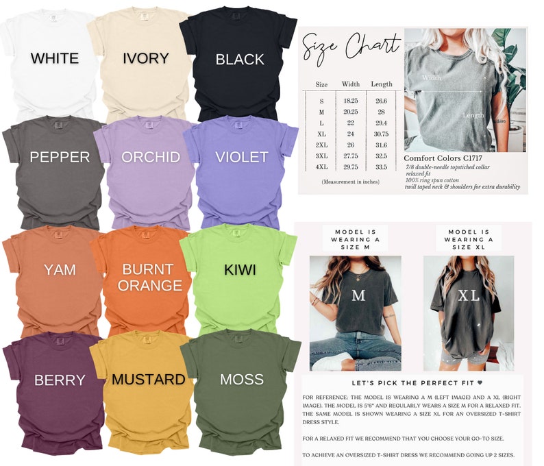 May include: A size chart for t-shirts with different color options. The chart shows the width and length measurements in inches for sizes S through 4XL. The model is wearing a size M and a size XL t-shirt. The text "Comfort Colors C1717" is visible in the image.