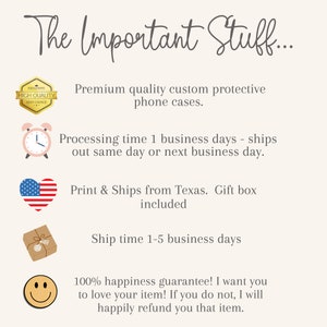 May include: A graphic with text that reads "The Important Stuff..." and details about phone cases, processing time, shipping, and a 100% happiness guarantee.