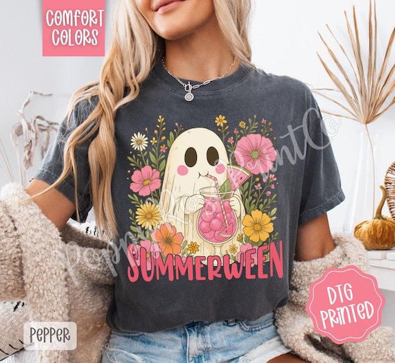 Summerween Shirt Comfort Colors, Trendy Women's Graphic Tshirt, Spooky Summer Tee, Floral Ghost T-Shirt, Summer Ghost Shirt, Gift for Her