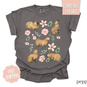 Pu&ograve; includere: Una t-shirt grigio antracite con una stampa di capibara e fiori rosa. I capibara sono marroni e hanno delle macchie bianche. I fiori sono rosa e bianchi.