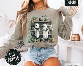 Retro Ghost Reading Books Long Sleeve TShirt, Librarian Ghost Halloween, Halloween Teacher Tee, Halloween Shirt, Teacher Gift, Boo School