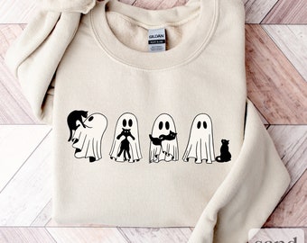 Halloween Sweatshirt, Ghost and Cat Sweatshirt, Ghost Shirt, Black Cat Shirt, Cool Halloween Cat Shirt, Cat Lover Tshirt, Halloween Sweater