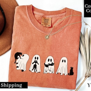 Comfort Colors® Сute Ghost Cat Shirt, Ghost Cat t-shirt, caT Lovers Shirt, Retro Ghost Halloween, Halloween Cat T-shirt, Spooky Season